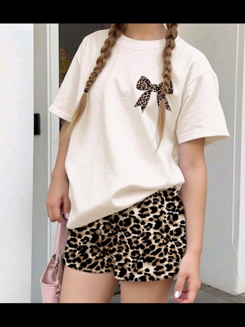Shein Trendy Girls Leopard Print 2 PC Outfit Set. Oversized Tee & Shorts Size 13
